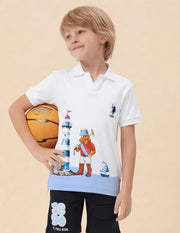 Boys White Cotton Graphic Print Regular Fit Polo Shirt