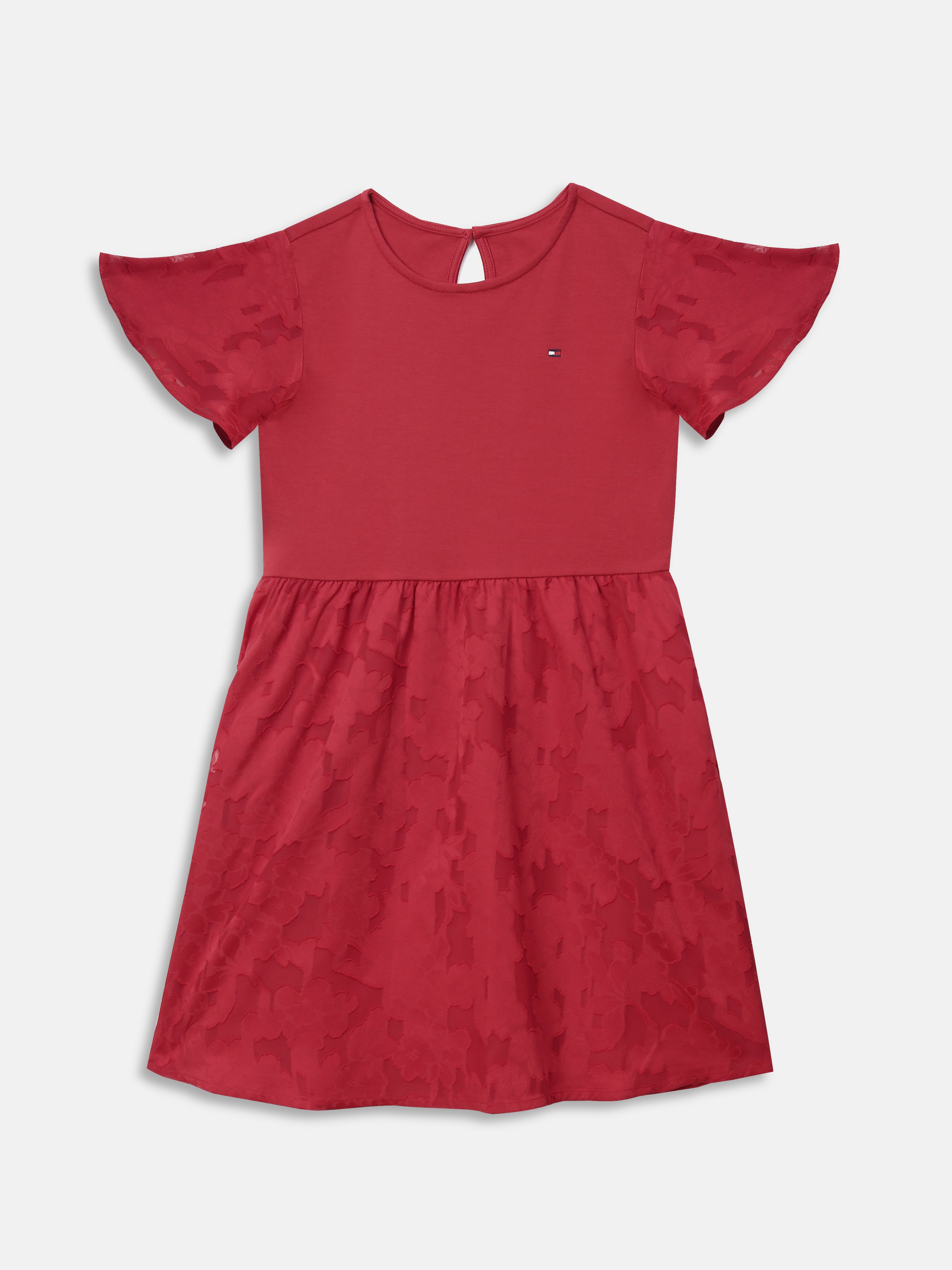 Girls Red Printed BCI Cotton Flutter Sleeve Dress