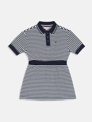 Girls Navy Striped Polo Collar Knee Length Dress