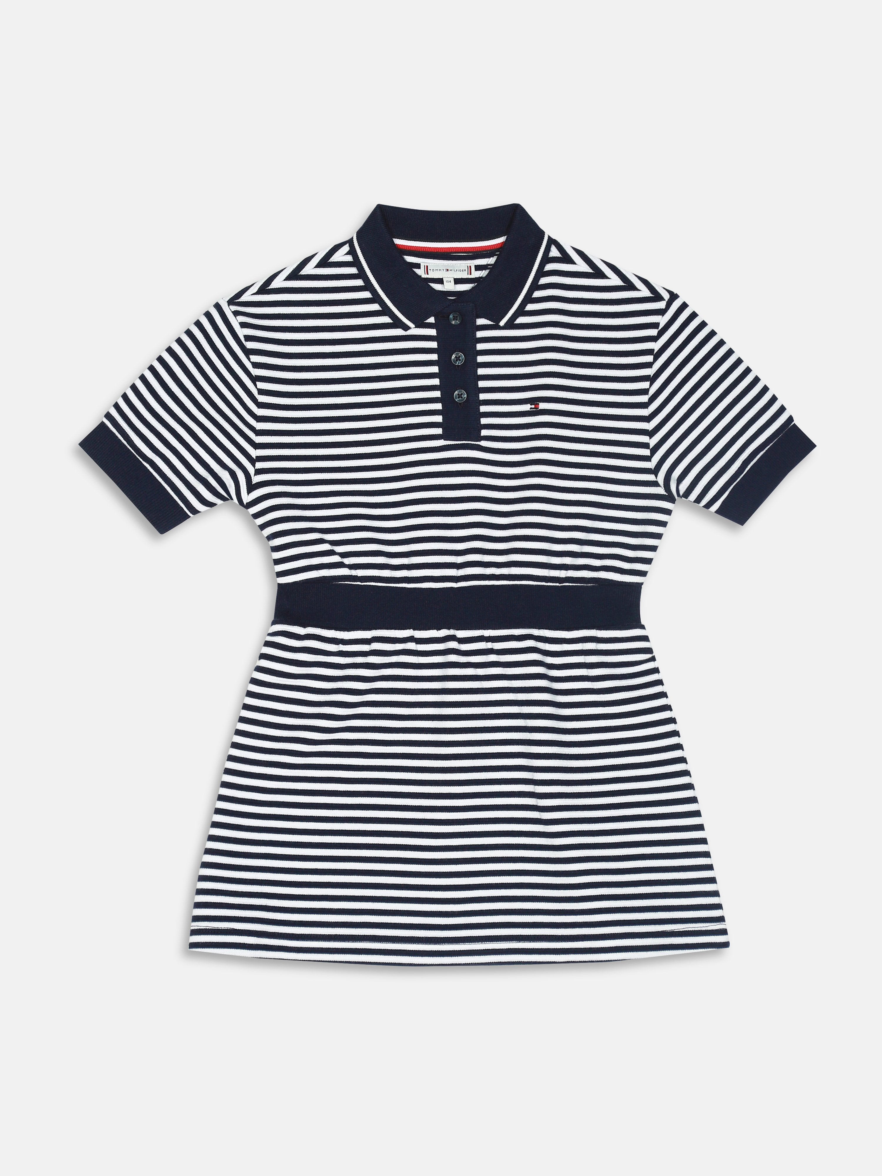 Girls Navy Striped Polo Collar Knee Length Dress