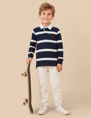 Boys Navy Cotton Horizontal Striped Regular Fit Polo Shirt