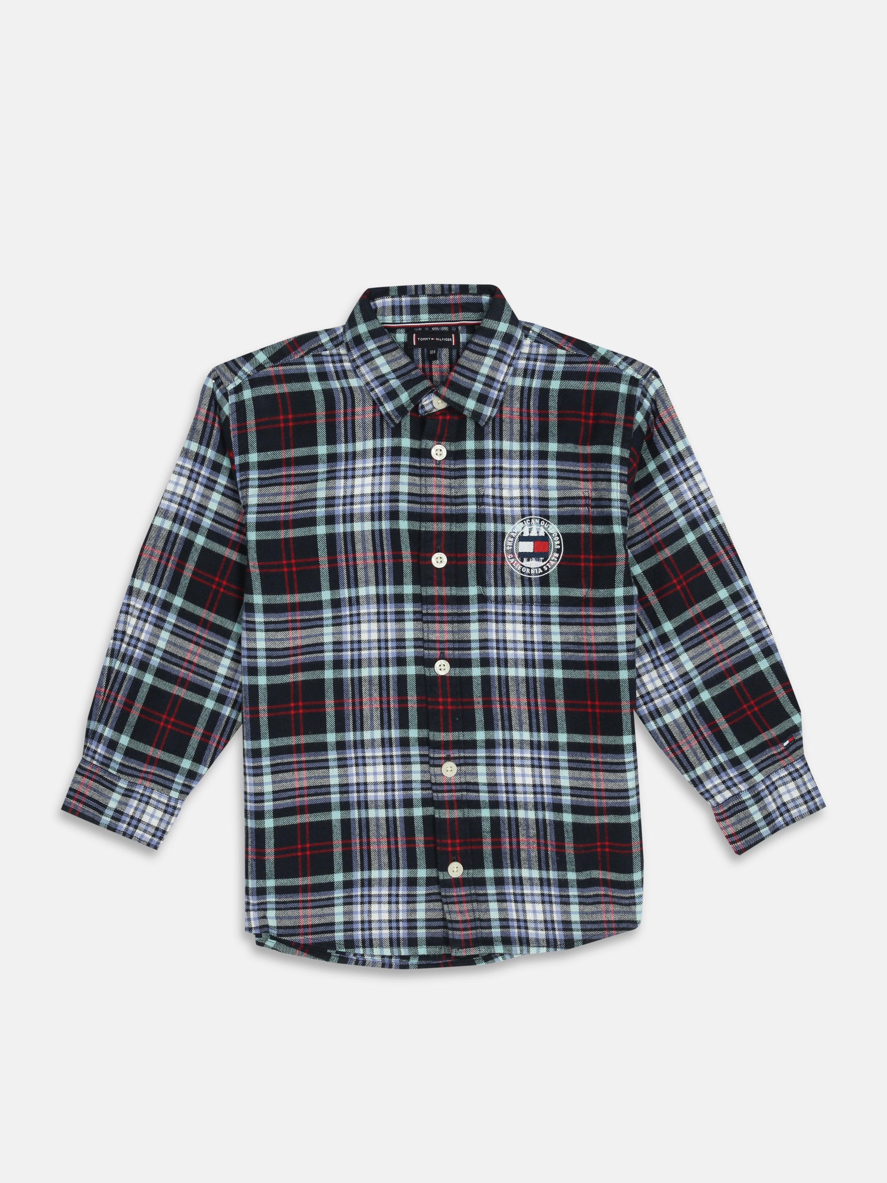 Boys Blue Checked Regular Fit Shirt Collar Woven Top