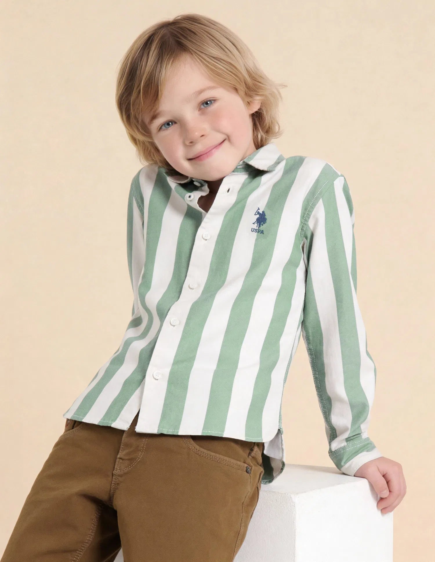 Boys Green Vertical Striped Cotton Twill Shirt – Regular Fit