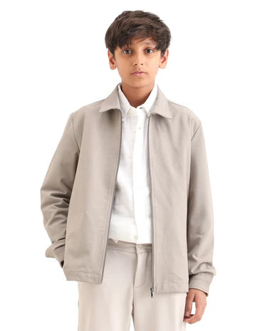 Boys Beige Polyester Blend Zipper Shacket