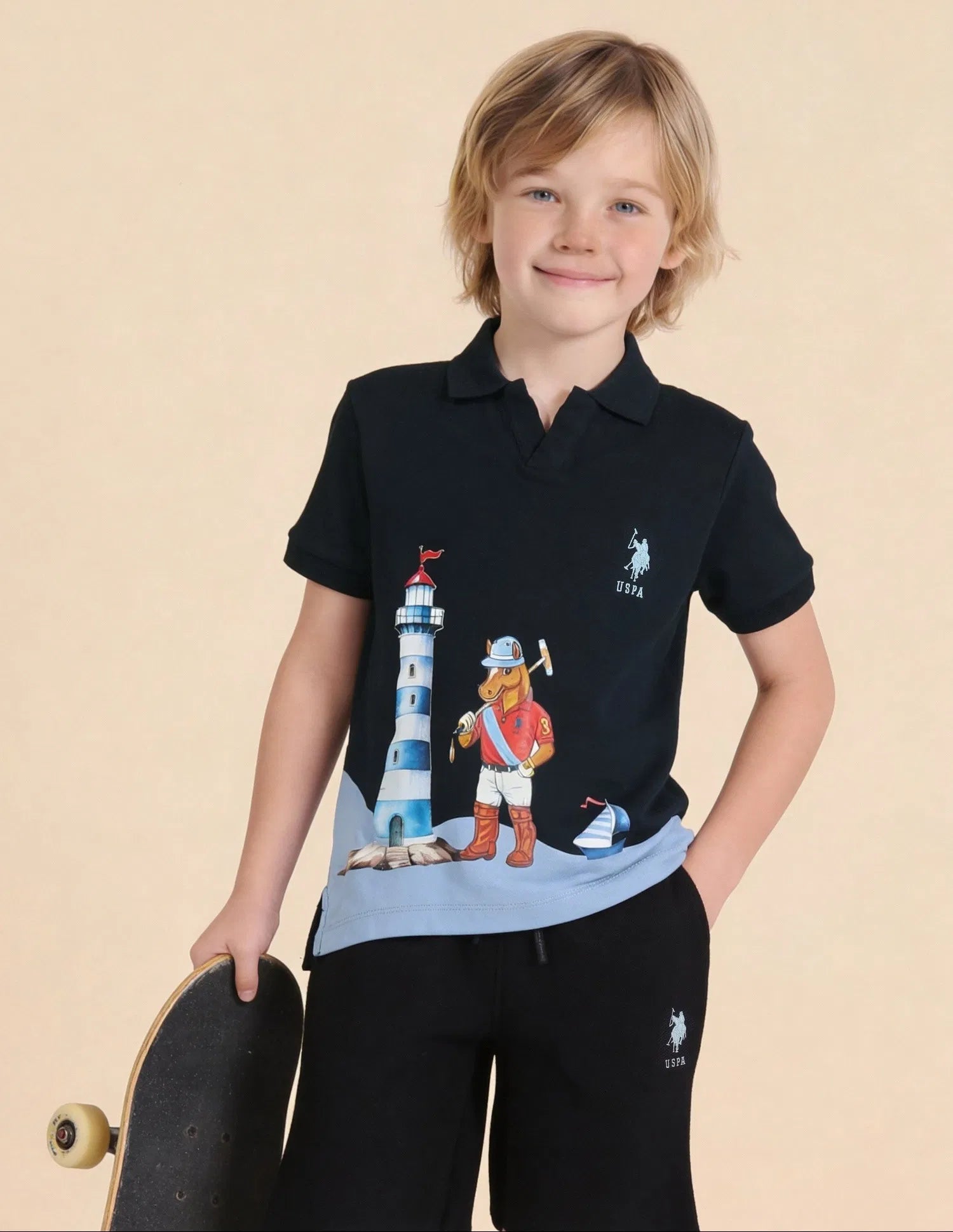 Boys Navy Cotton Graphic Print Regular Fit Polo Shirt