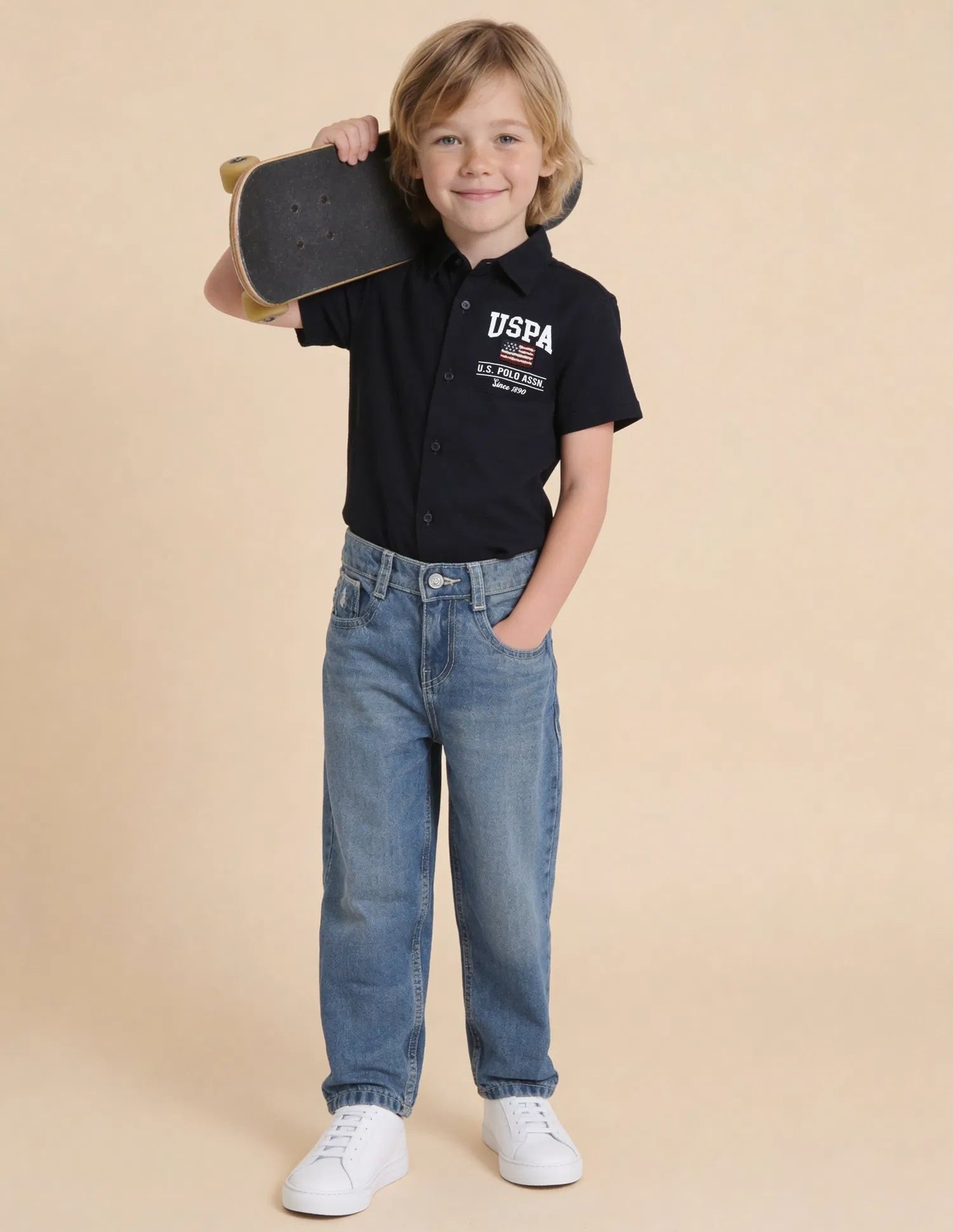 Boys Dark Blue Cotton Whiskered Baggy Fit Jeans