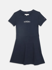 Girls Navy Logo Regenerative Cotton Casual Knee Length Dress