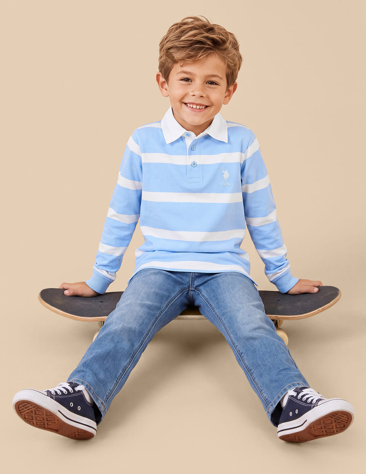 Boys Blue Cotton Horizontal Striped Regular Fit Polo Shirt