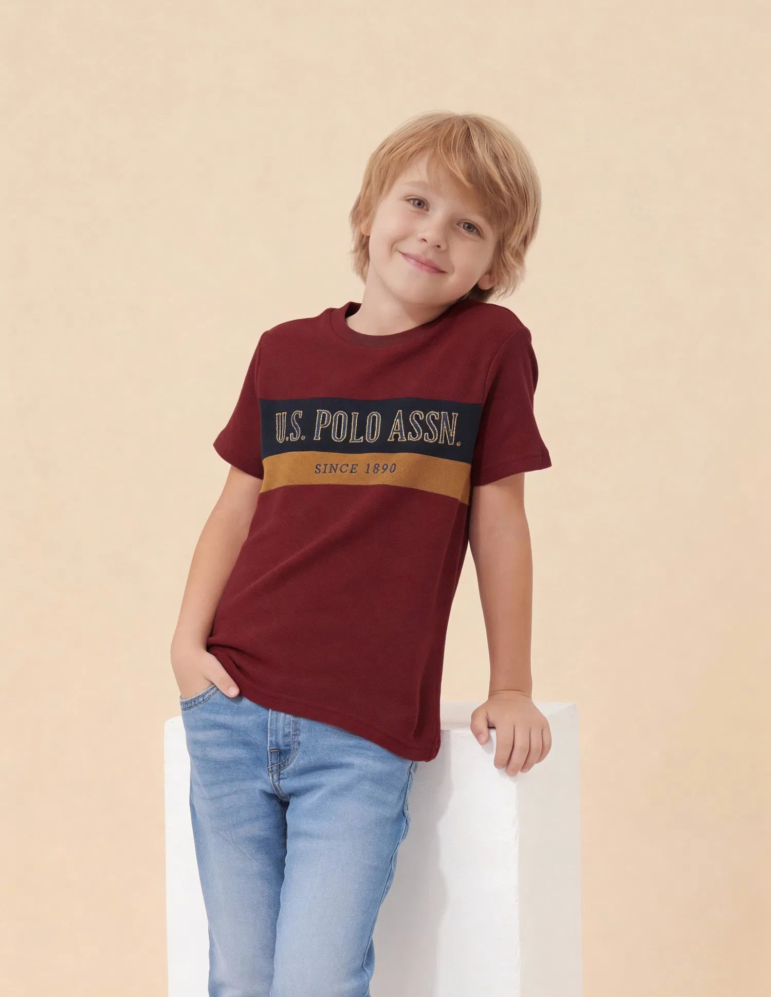 Boys Dark Red Cotton Colour Block Logo T-Shirt