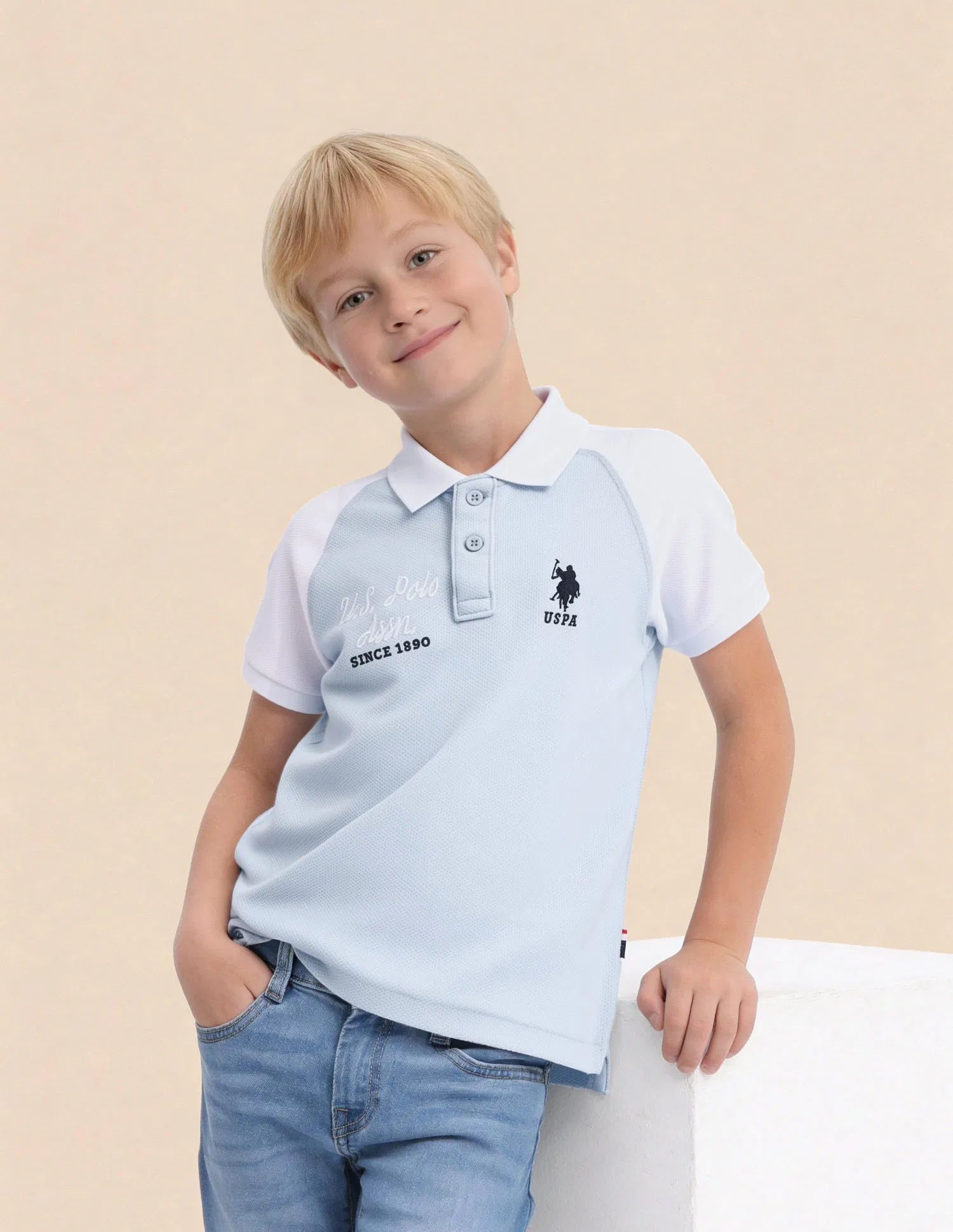 Boys Light Blue Cotton Colour Block Regular Fit Polo Shirt