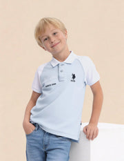 Boys Light Blue Cotton Colour Block Regular Fit Polo Shirt