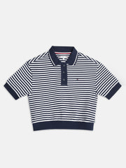 Girls Navy Striped Cotton Blend Casual Polo Knit Top