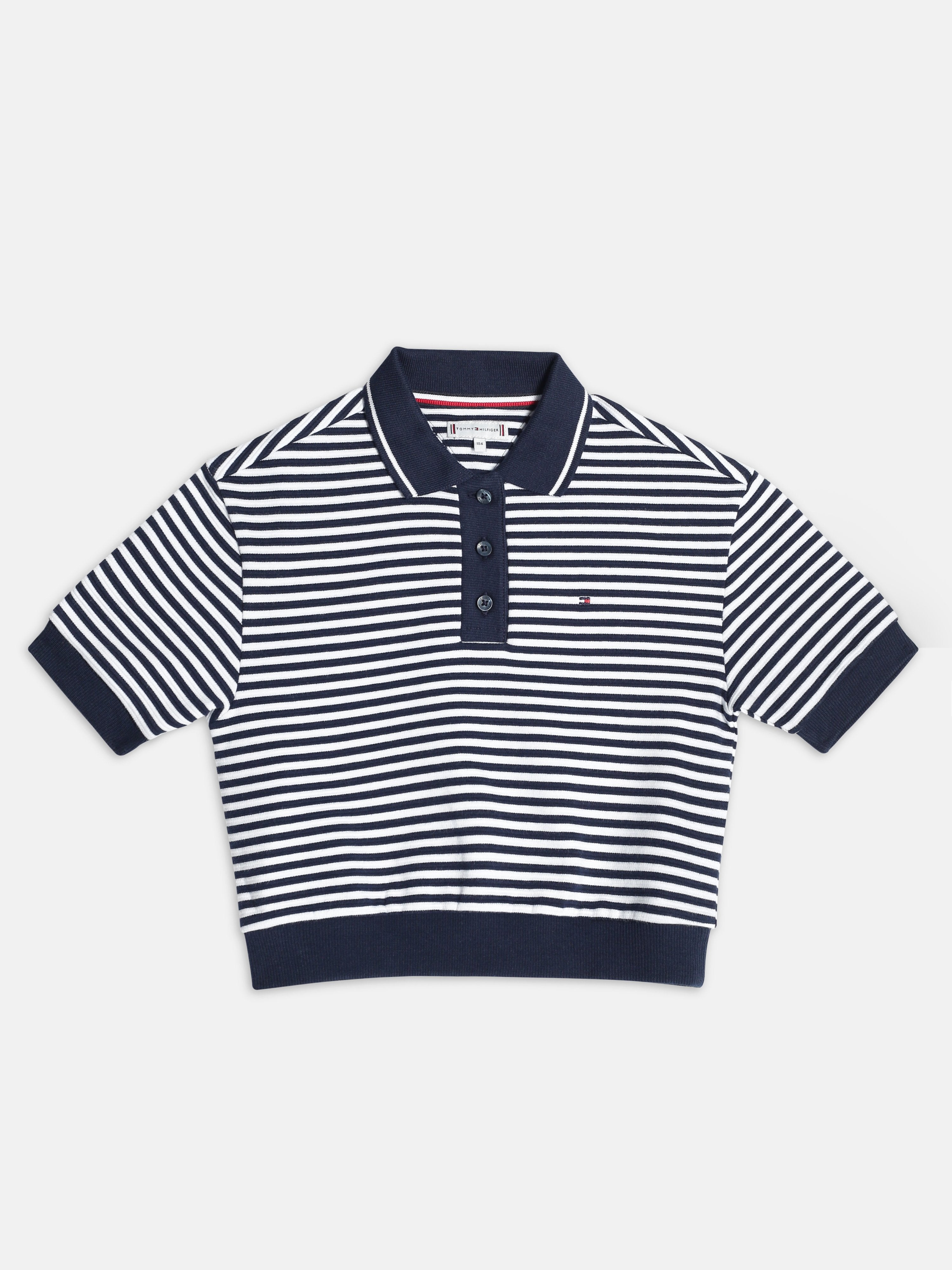 Girls Navy Striped Cotton Blend Casual Polo Knit Top