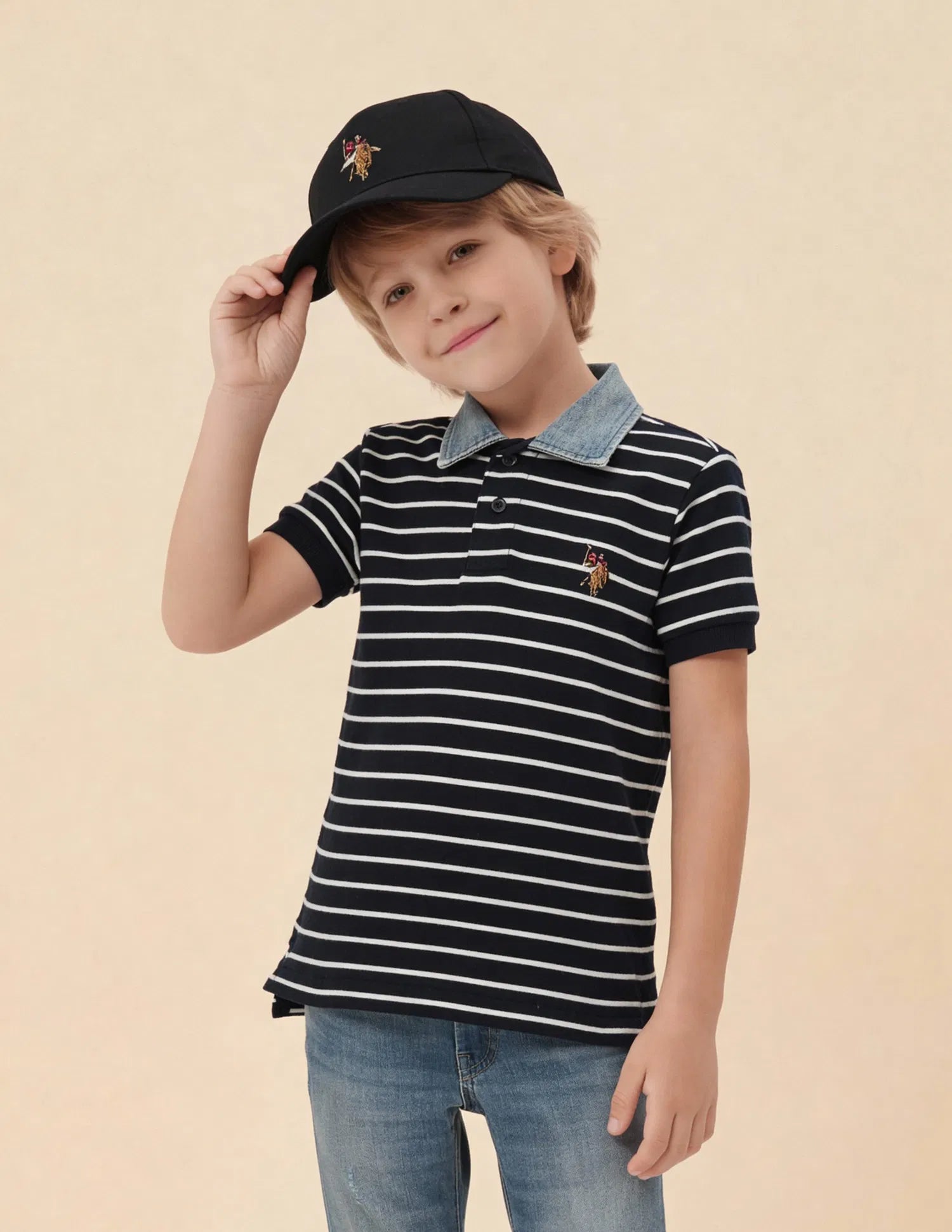 Boys Navy Cotton Striped Regular Fit Polo Shirt