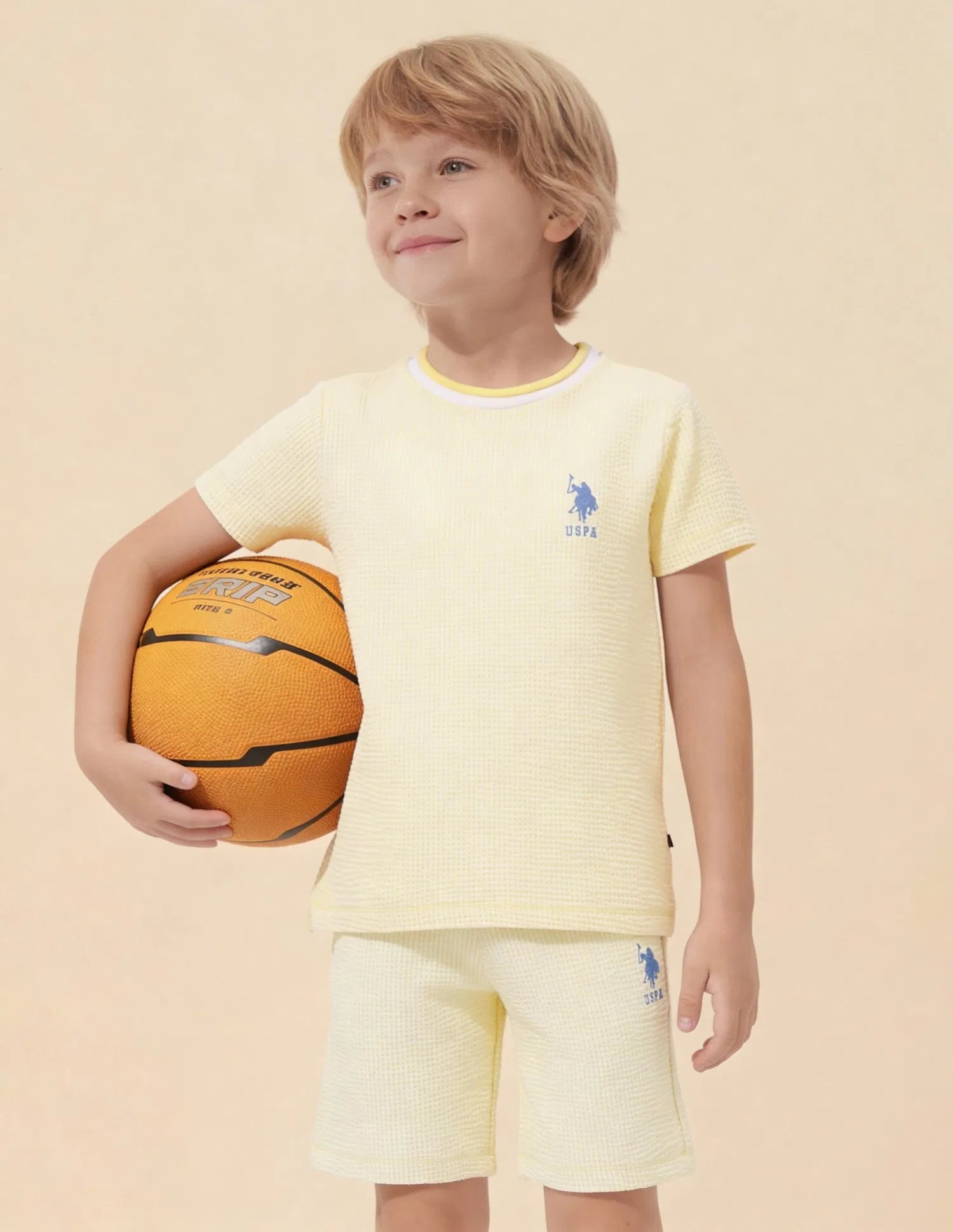 Boys Light Yellow Cotton Blend Textured Regular Fit T-Shirt