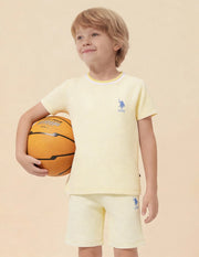 Boys Light Yellow Cotton Blend Textured Regular Fit T-Shirt