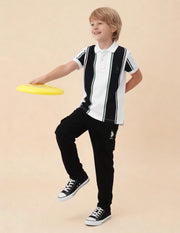 Boys White Cotton Vertical Striped Regular Fit Polo Shirt