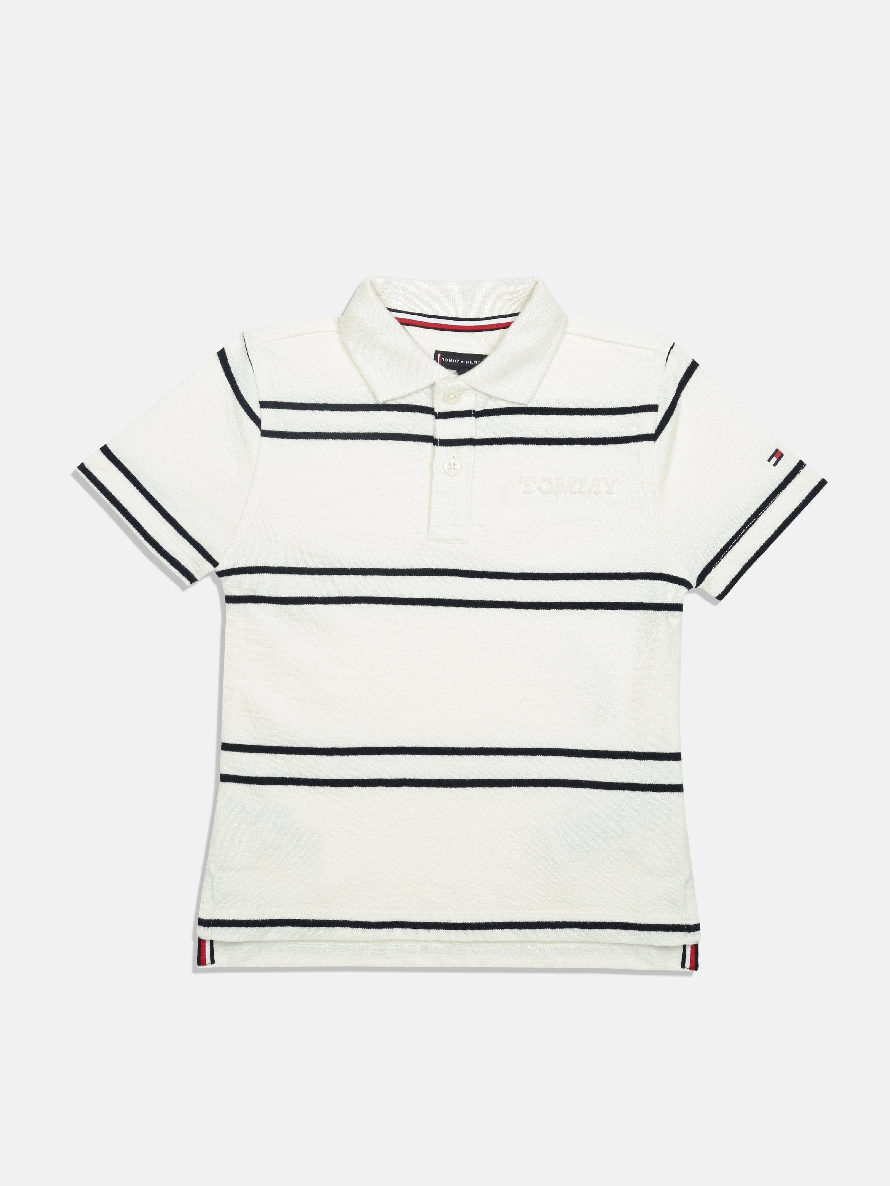 Boys White Striped Polo Collar Regular Fit Cotton Knit Top
