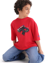 Rare Ones Boys Red Boxy Fit HD Print Cotton Blend T-Shirt