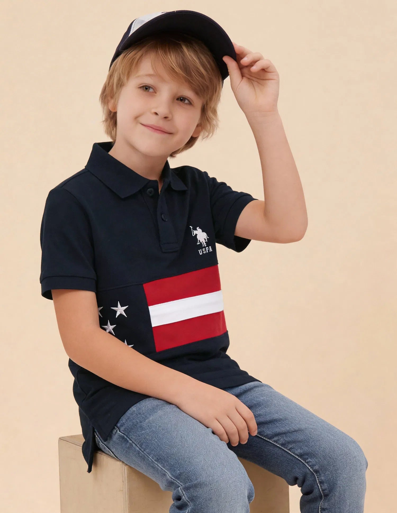 Boys Navy Cotton Graphic Print Regular Fit Polo Shirt