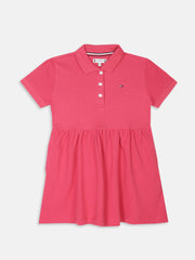 Girls Pink Solid Polo Collar Cotton Blend Dress