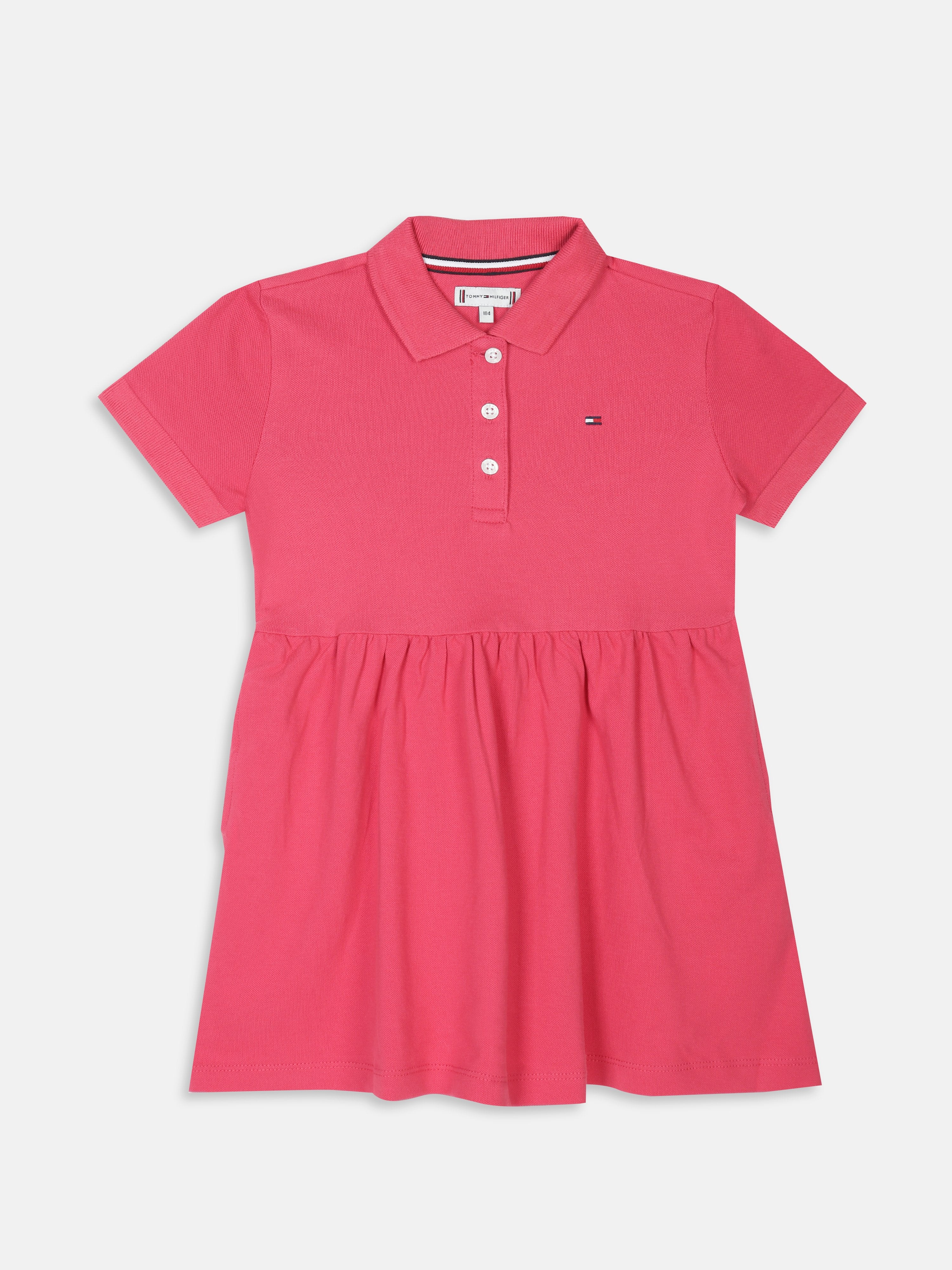Girls Pink Solid Polo Collar Cotton Blend Dress