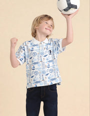 Boys Off White Polyester Blend Graphic Print Regular Fit Polo Shirt