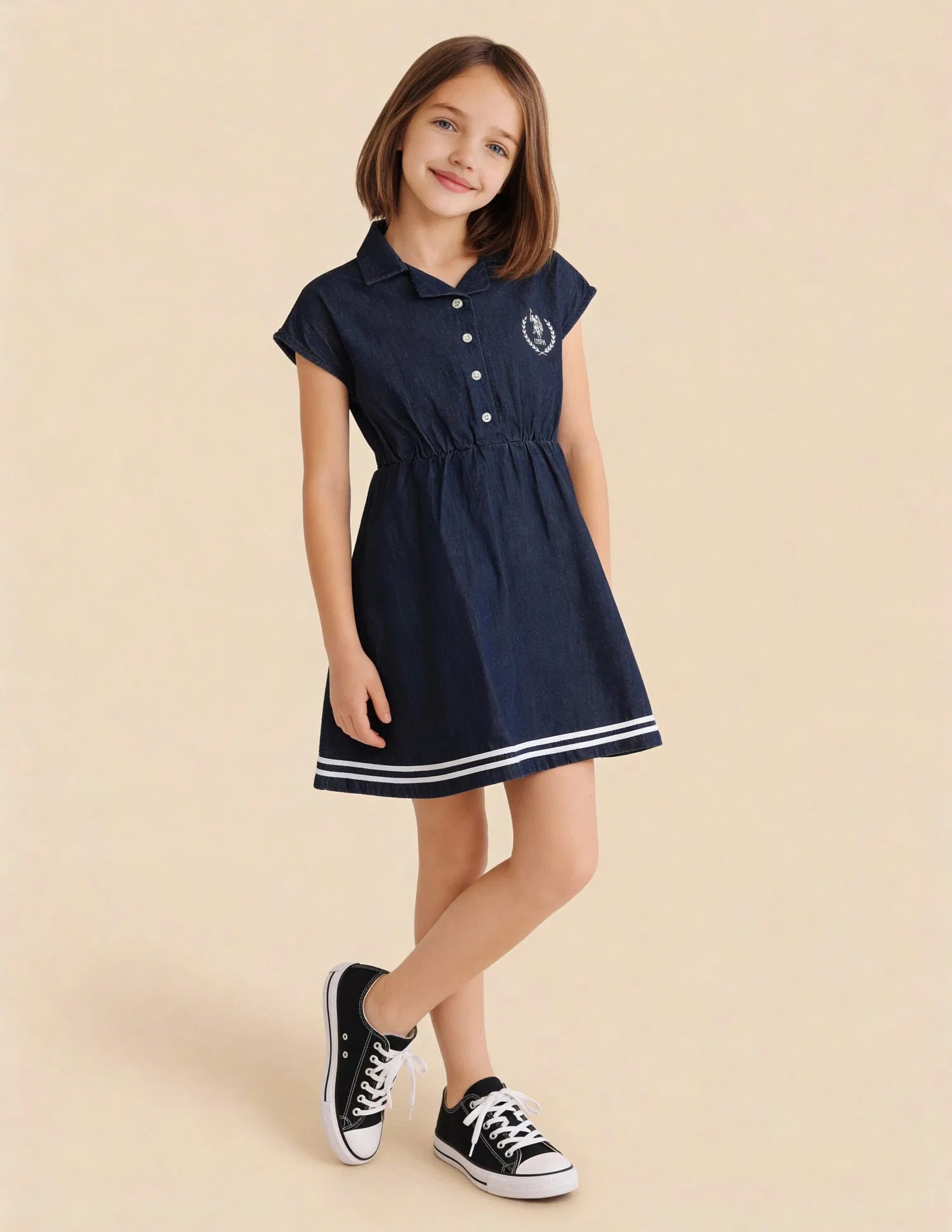 Girls Navy Cotton Solid Shirt Collar Skater Dress