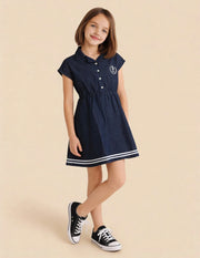 Girls Navy Cotton Solid Shirt Collar Skater Dress