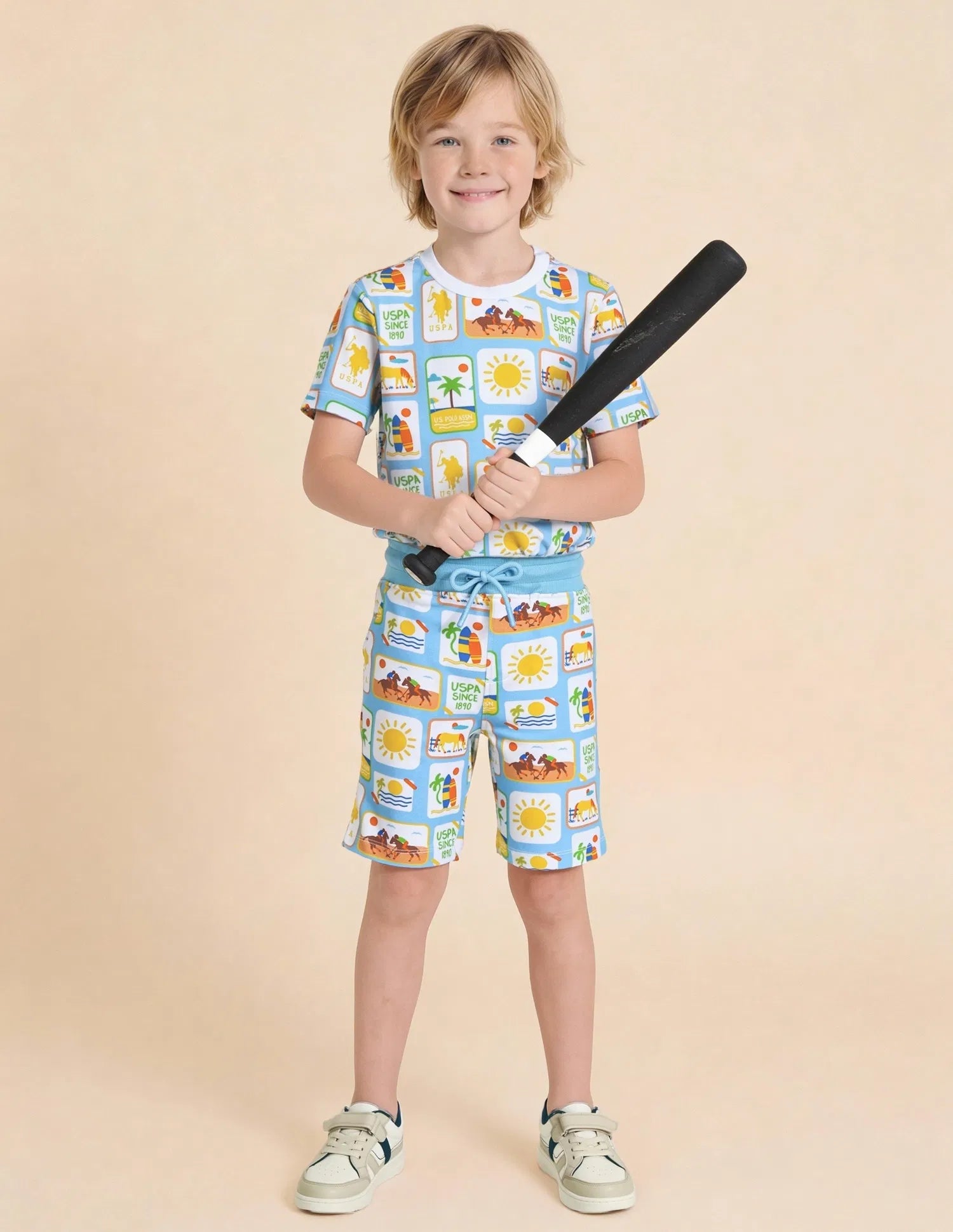 Boys Light Blue Graphic Printed Cotton Shorts Regular Fit