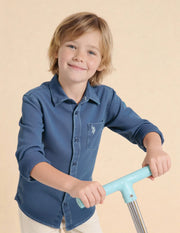 Boys Indigo Cotton Solid Dobby Shirt Regular Fit