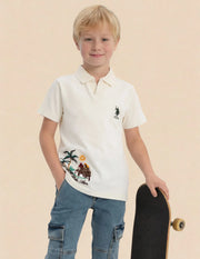 Boys Off White Cotton Embroidered Regular Fit Polo Shirt