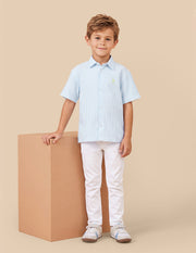 Boys Light Blue Cotton Vertical Striped Boxy Fit Shirt