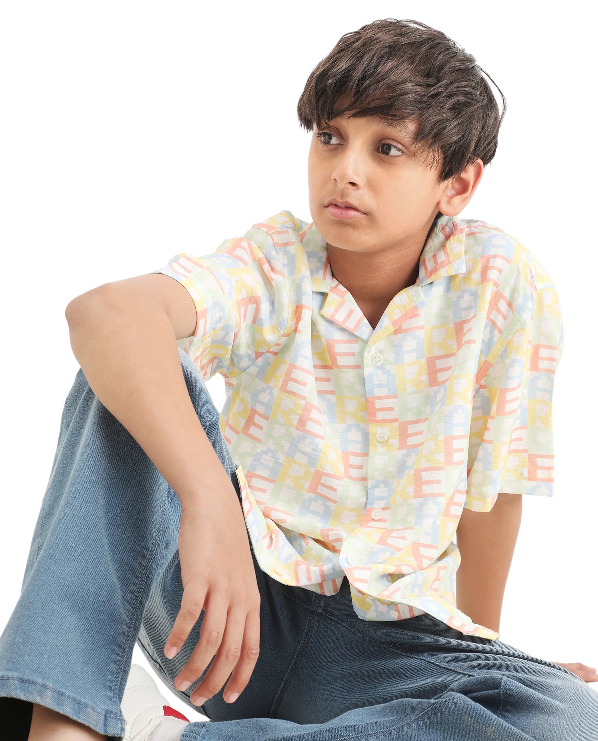 Boys Multi Print Boxy Fit Viscose Blend Shirt