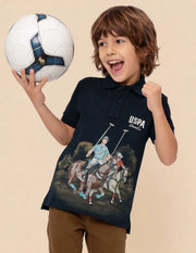 Boys Navy Cotton Graphic Print Regular Fit Polo Shirt