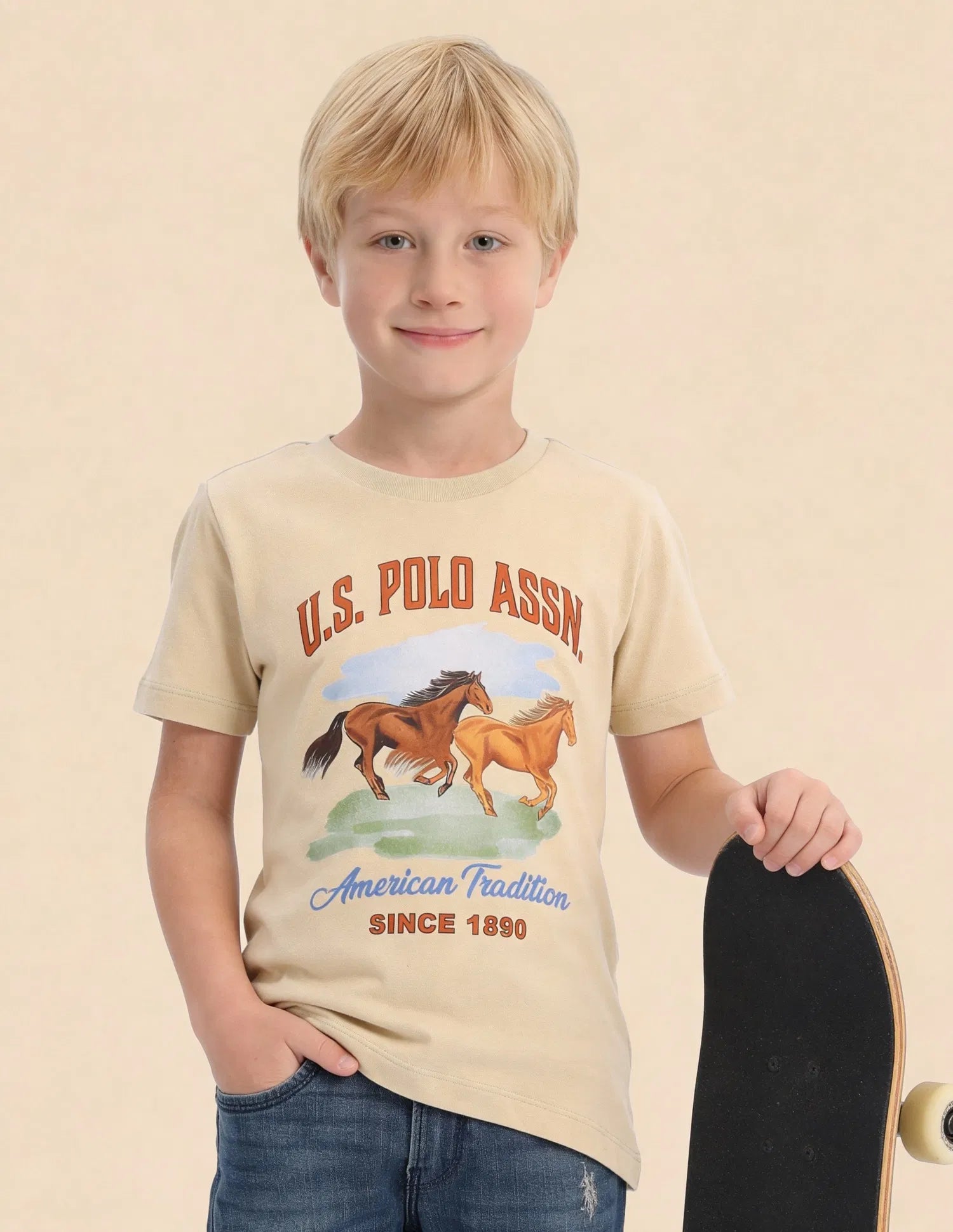 Boys Beige Cotton Graphic Print Regular Fit T-Shirt