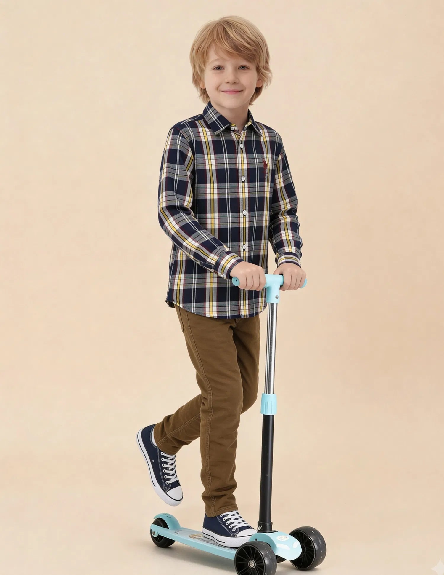 Boys Navy Plaid Checked Cotton Shirt – Regular Fit