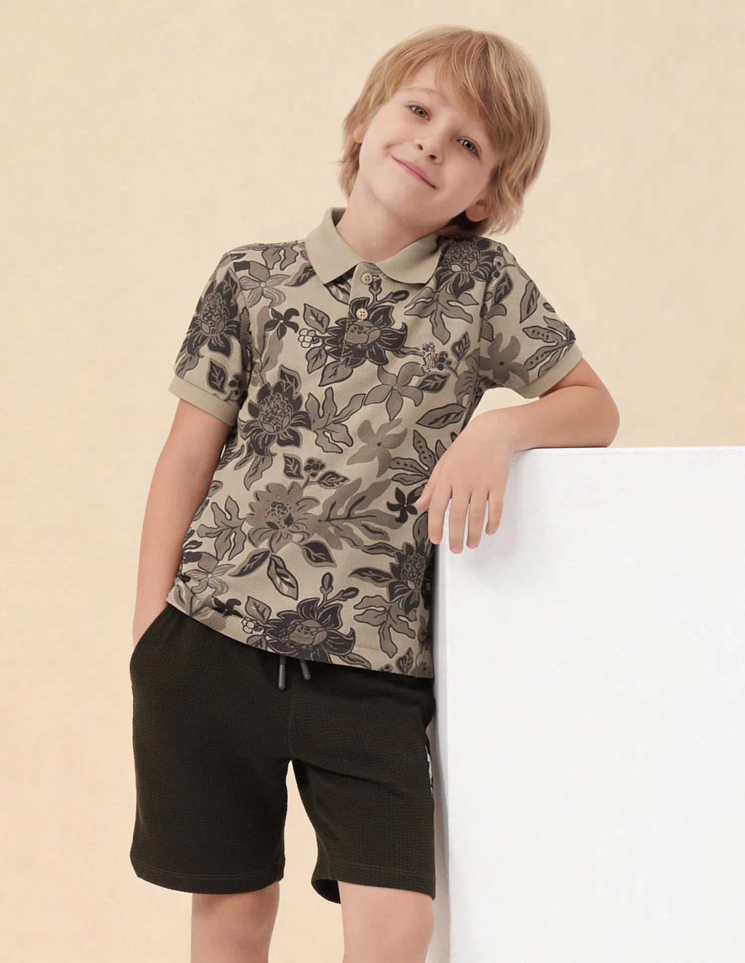 Boys Light Brown Cotton Floral Print Regular Fit Polo Shirt