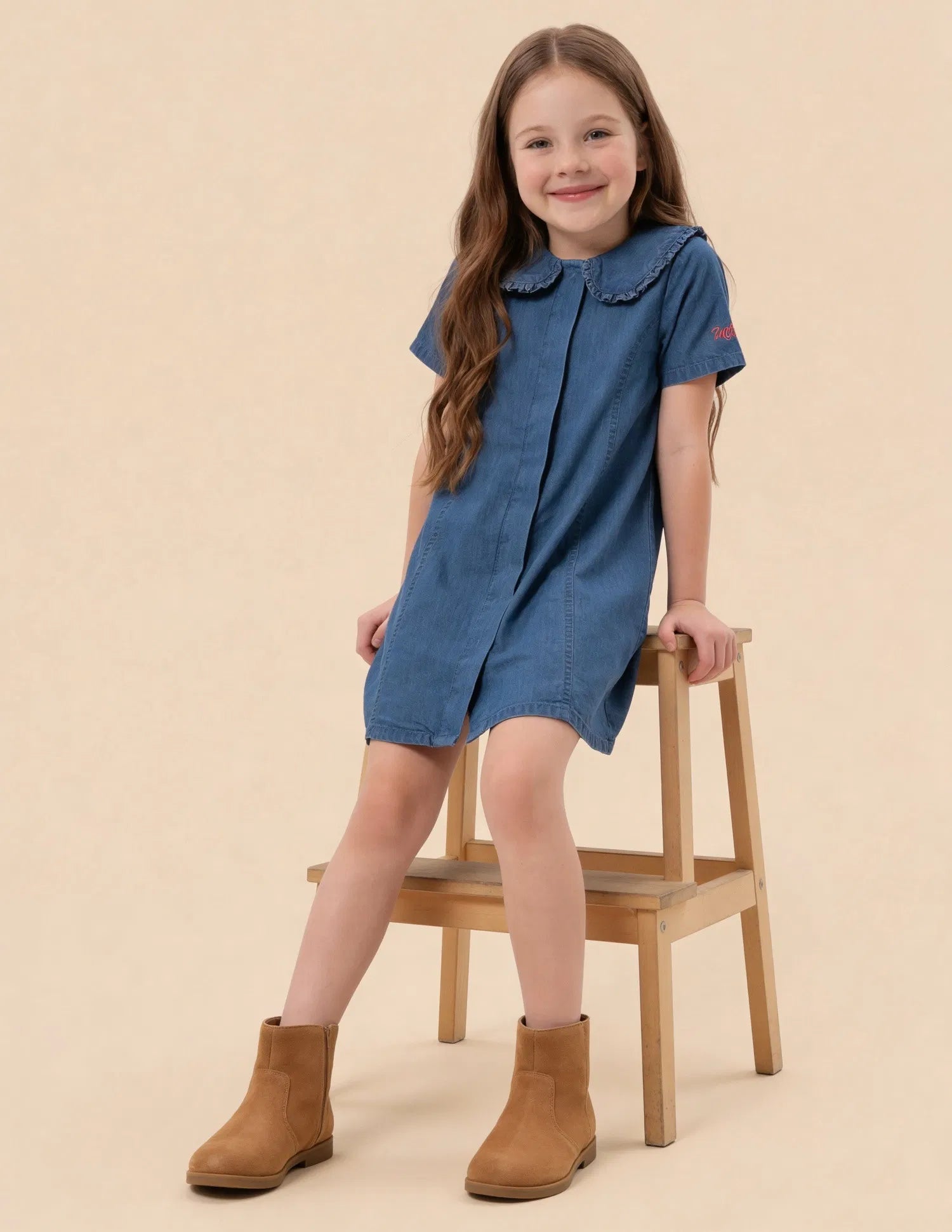 Girls Dark Blue Cotton Solid Denim A-Line Dress