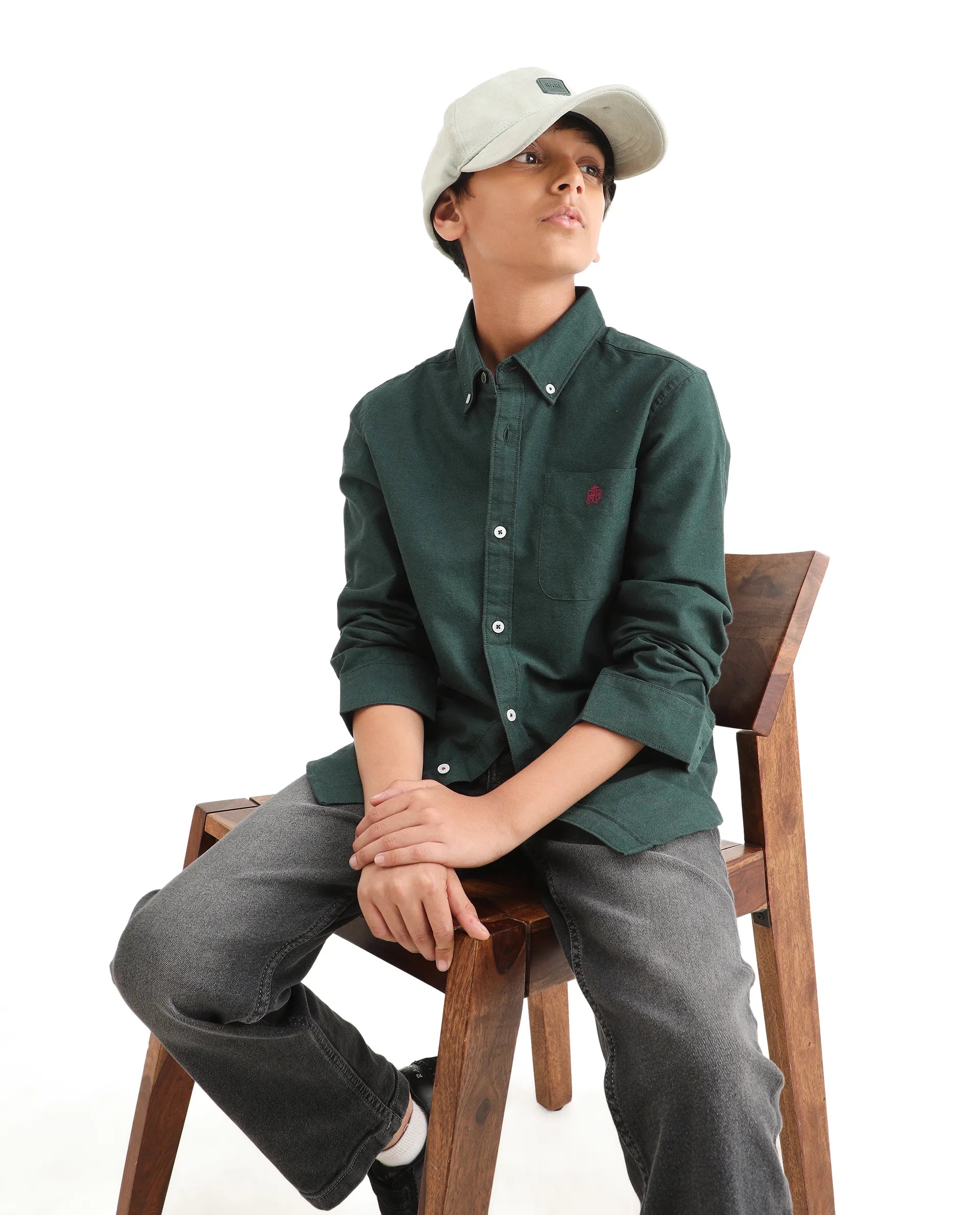 Boys Dark Green Cotton Regular Fit Shirt