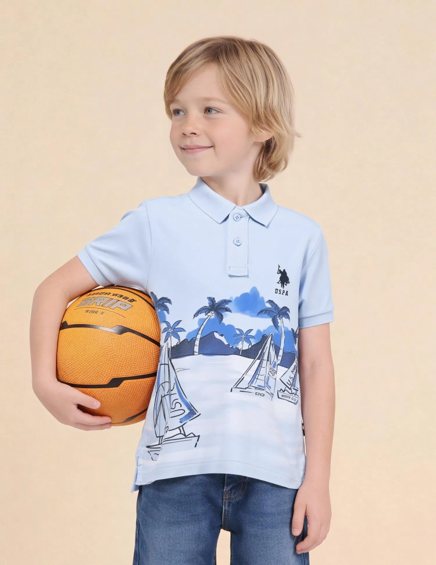 Boys Light Blue Cotton Graphic Print Regular Fit Polo Shirt