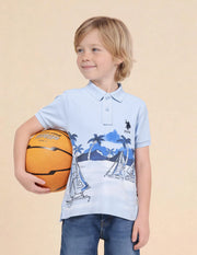 Boys Light Blue Cotton Graphic Print Regular Fit Polo Shirt