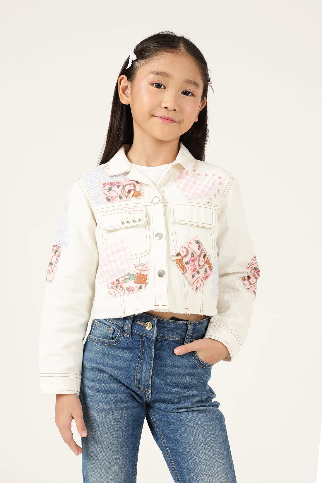 Girls Off White Abstract Cotton Drill Jacket