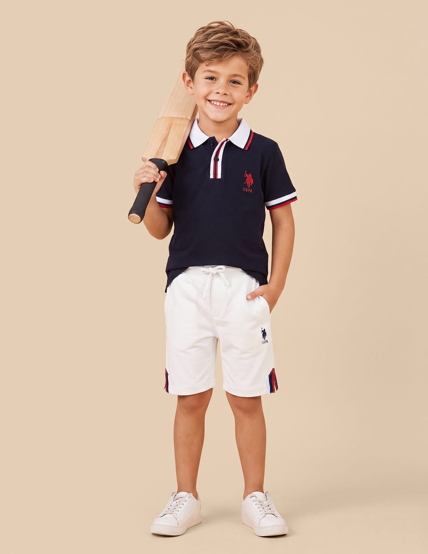 Boys Off White Cotton Blend Mid Rise Shorts