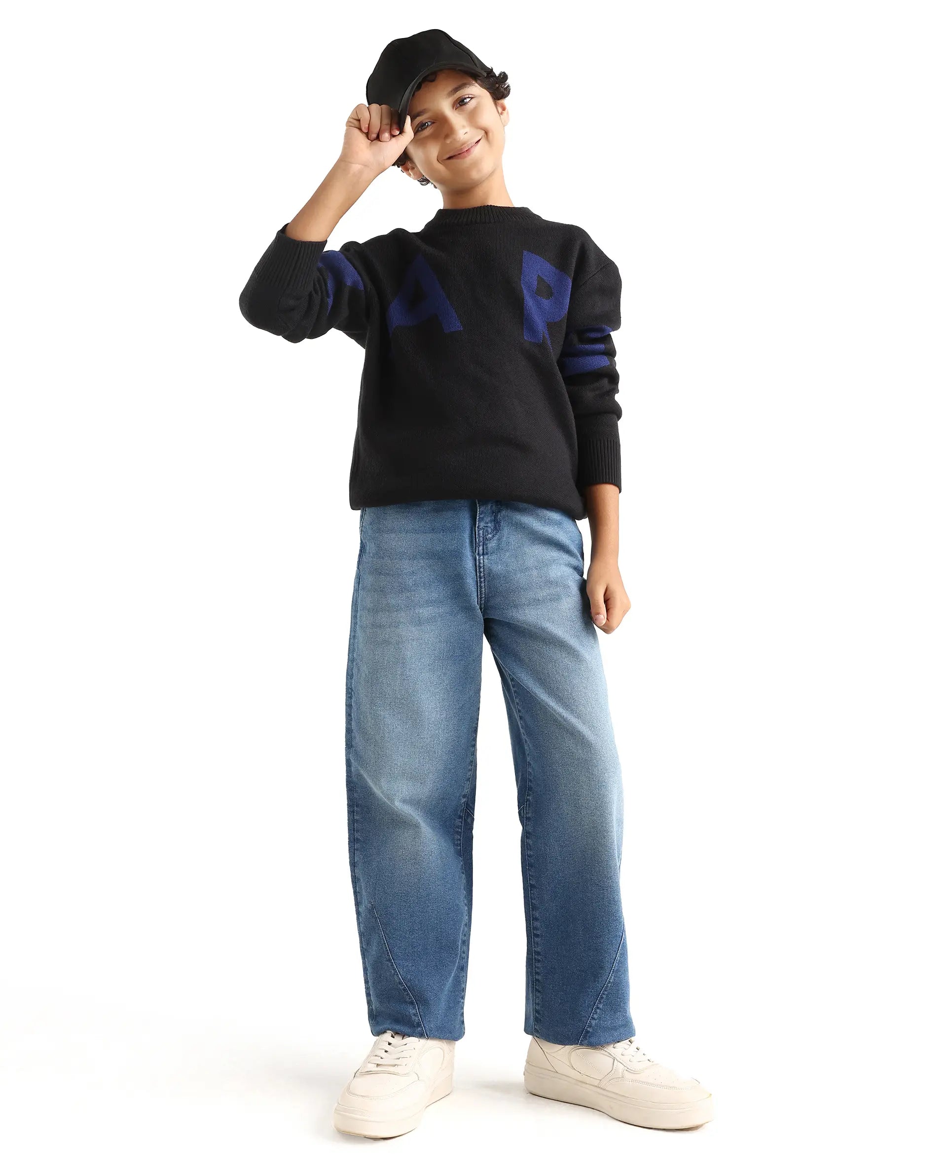 Boys Blue Slouchy Fit Button-Zip Jeans