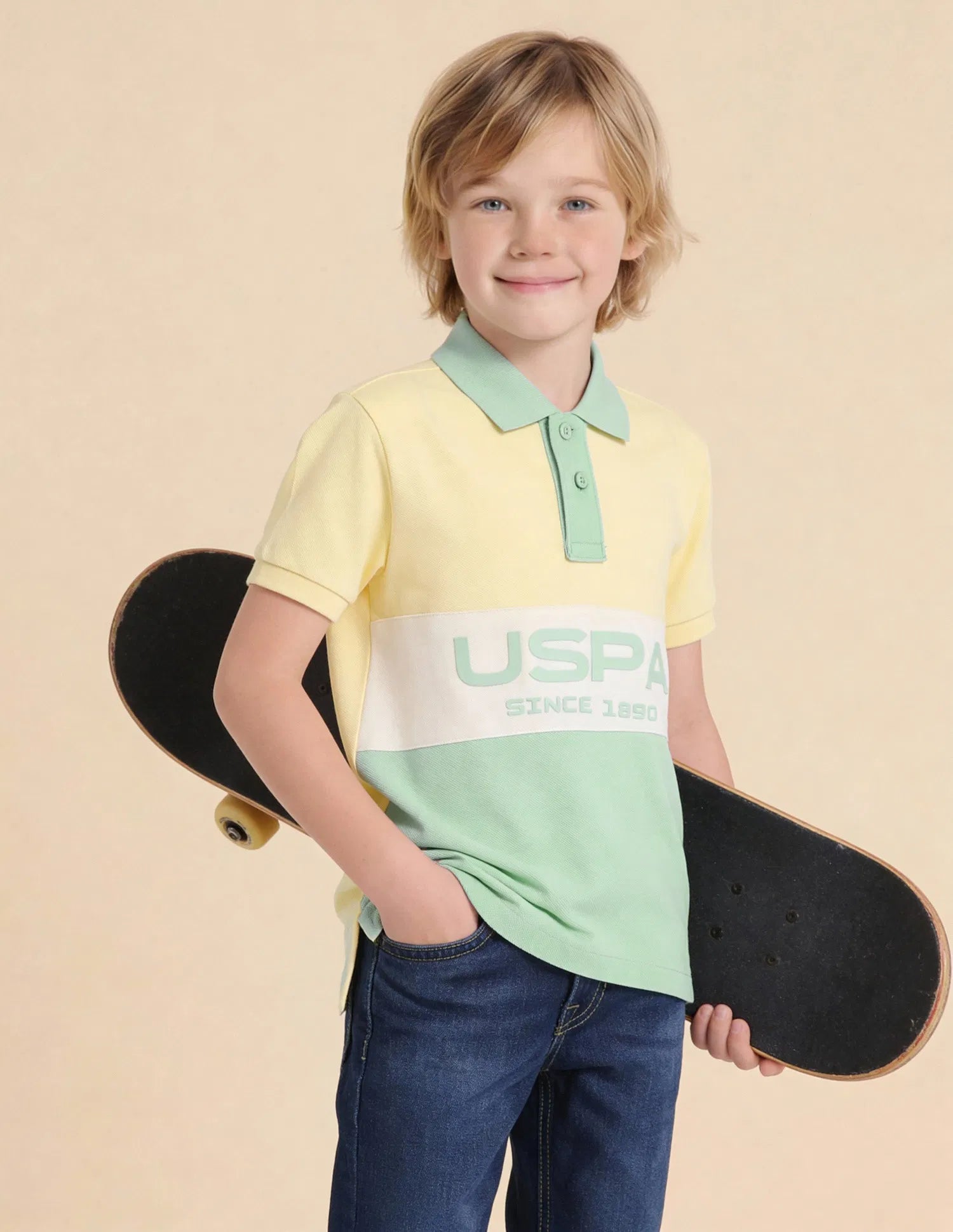 Boys Light Green Cotton Logo Print Regular Fit Polo Shirt