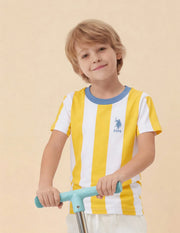 Boys Yellow Vertical Striped Cotton T-Shirt – Regular Fit