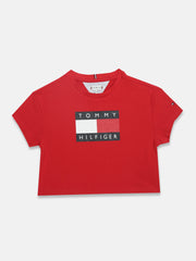 Boys Red Logo Crew Neck Regular Fit Cotton Knit Top