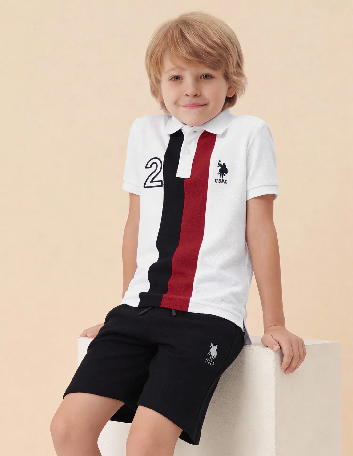 Boys White Vertical Stripe Cotton Polo Shirt Regular Fit