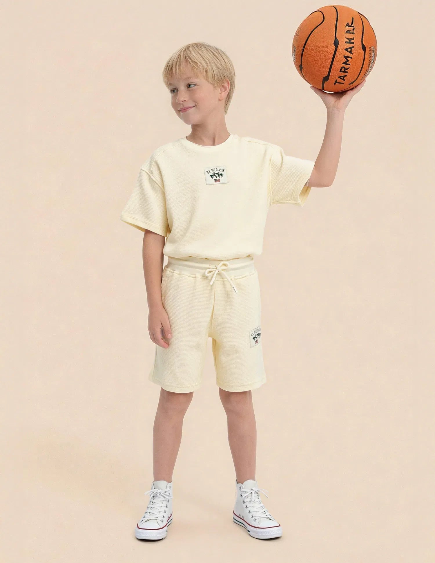Boys Off White Textured Cotton Blend Shorts Regular Fit